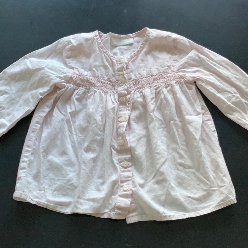 The little white company London, long sleeved baby pink floral shirt.